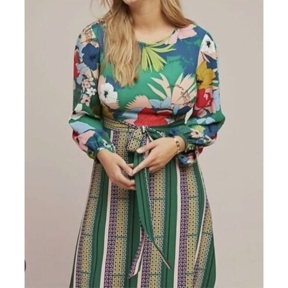 Anthropologie Dresses & Skirts - Anthropologie TP Dress 8 Green Tropical Floral Striped Belted Artsy Boho